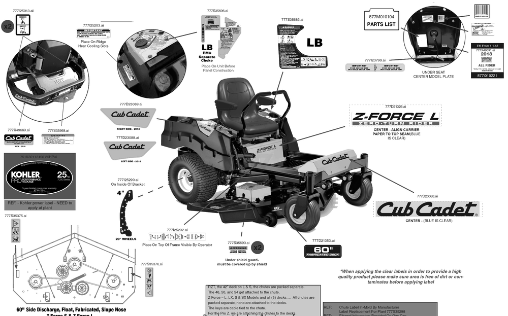Label Map Diagram and Parts List for Z-FORCEL60KH (17ASDALD056)(2018) Cub Cadet Lawn Tractor
